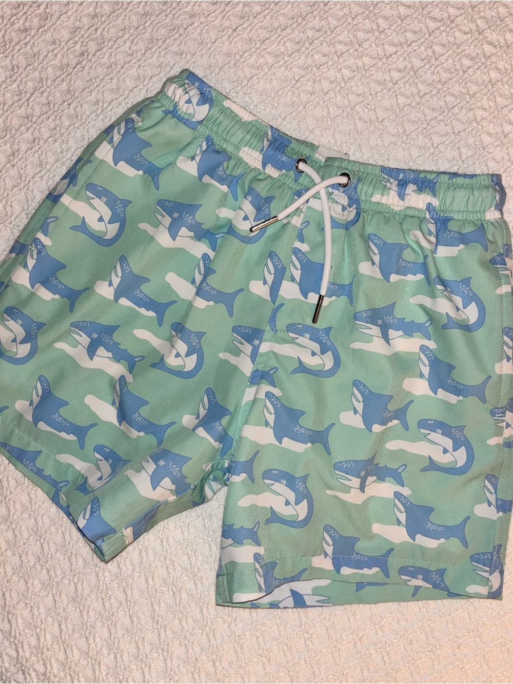 Bermies boy 10 Shark Print Swim Trunks in Mint and Blue